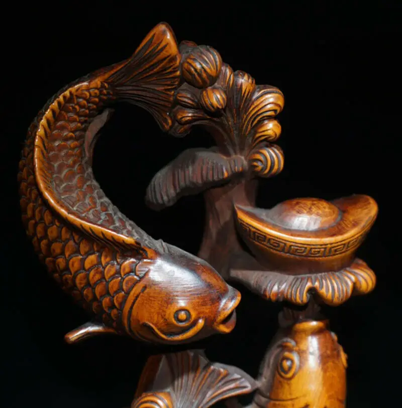 ML006- 15 x 12 Stunning Boxwood Figurine Carving: Fish Carps