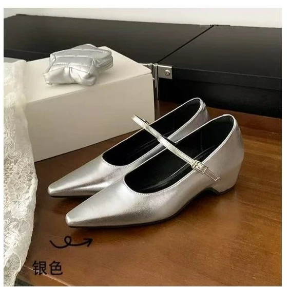 2026 New Arrival Sweet Elegant Shoes Women Wedge Heel Mary Jane Shoes Pointed Toe Women's Shoes Metal Buckle Trim Sandals 5413 view 6