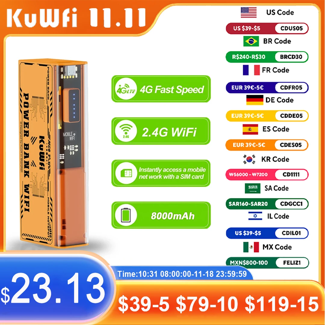 

KuWFi 300 Мбит/с Wi-Fi-маршрутизатор Портативный мини-4G Разблокированный карманный маршрутизатор MiFi 4G LTE Мобильная точка доступа 8000 мАч Сверхдолгий срок службы батареи