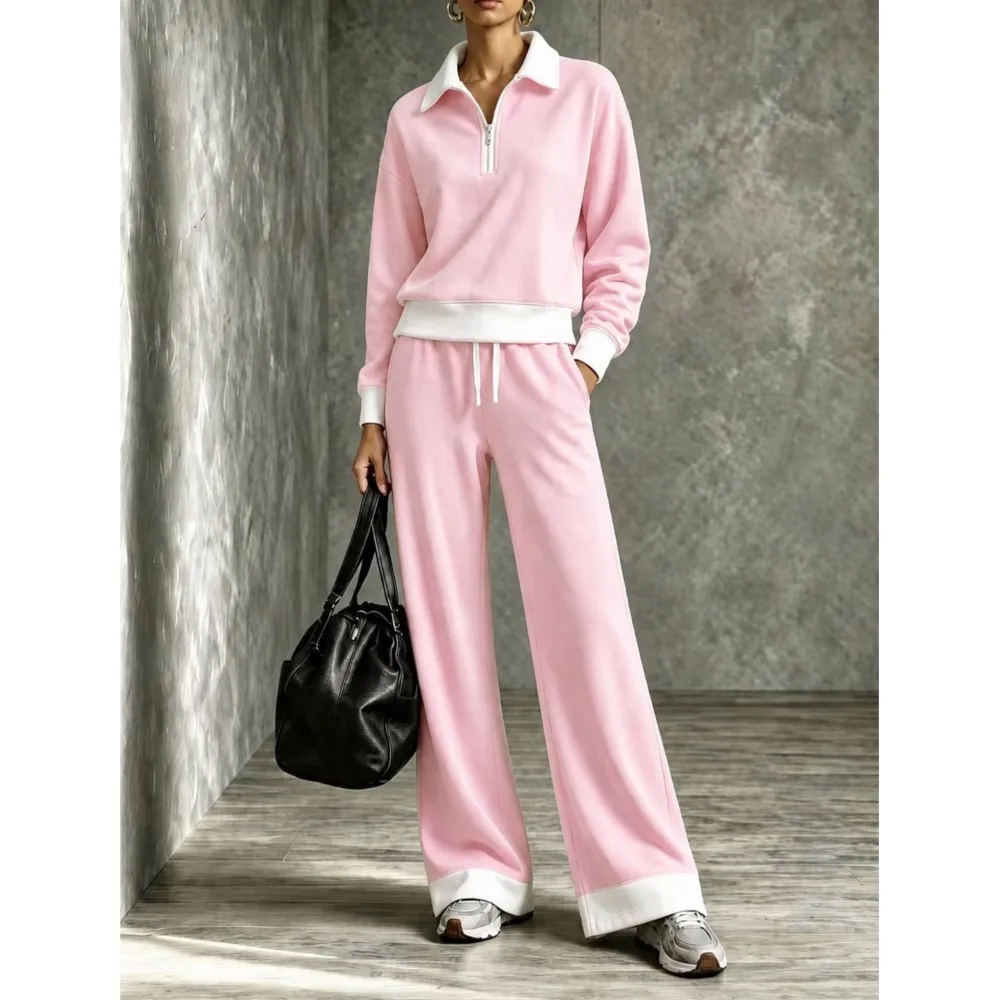 2026 New Autumn Fashion Half-zip Lapel Color-blocked Sweatshirt Suit Loose Casual Sports Wide-leg Pants For Women's 2 Piece Set