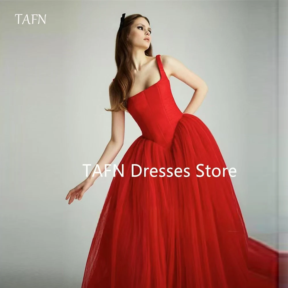 

TAFN Red Tulle Formal Evening Dresses Photo shoot Korea Straps Square Neck Sweep Train Bride Wedding Gowns CUSTOMIZED Vestidos