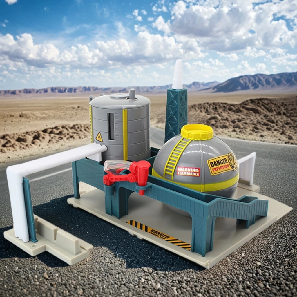 Scena di binario del treno, stazione di servizio, impianto di lavorazione del legno, modello di intersezione incrociata