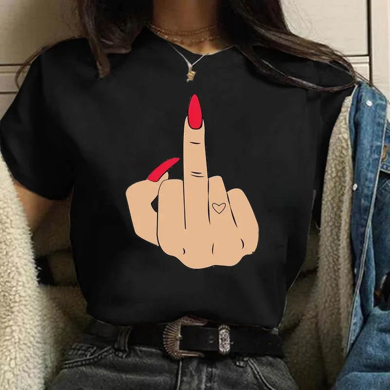 Aesthetic Lady T-Shirt - Fashionable - Female Cartoon Pattern Finger Nail Decorations - Cute Printed Top - Women's T-Shirt