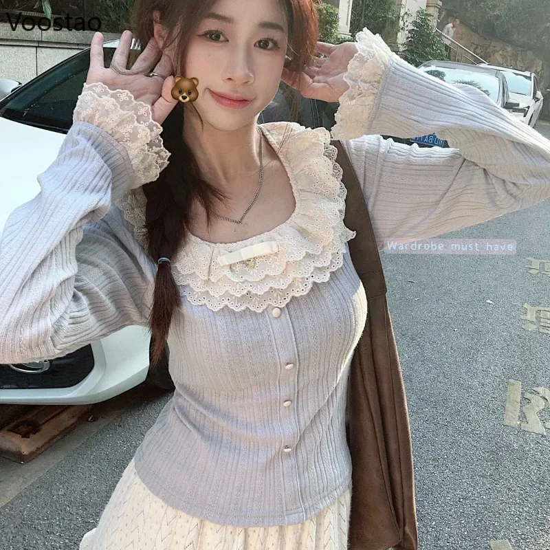 Autumn Sweet Lolita Long Sleeve T-Shirt Women Elegant Kawaii Lace Ruffles O-Neck Bow Slim Tees Female Casual Korean Y2k Tops