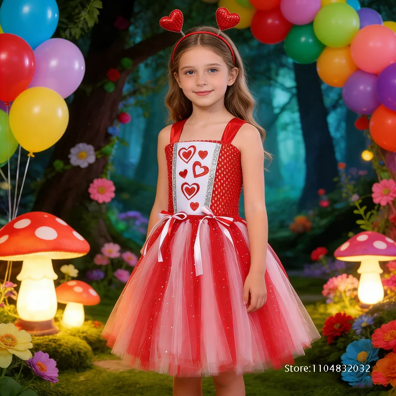 

Костюм для выступления на сцене на Новый год 2026: Нарядное платье с сердечками Купидона, полосатая юбка-пачка из сетки с пайетками для девочек, на День святого Валентина