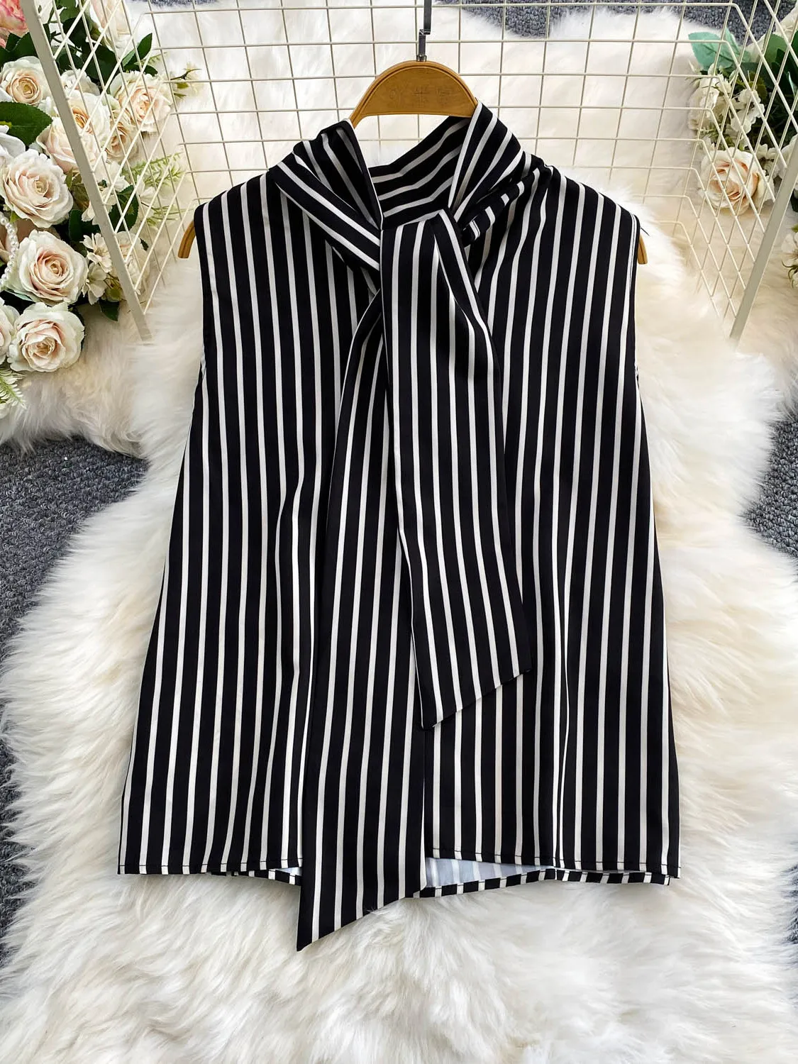 Elegant Summer Shirt Women's Loose Fit Anti-Wrinkle Sateen Top with Sash Neck Hanging Goddess Style Korean Version Casual Wear
