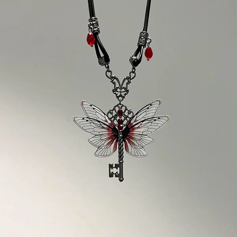 

Y2K Dragonfly Necklace Key Pendant Chain Leather Rope Choker Chain Hip Hop Zircon Jeweley Halloween Accessories