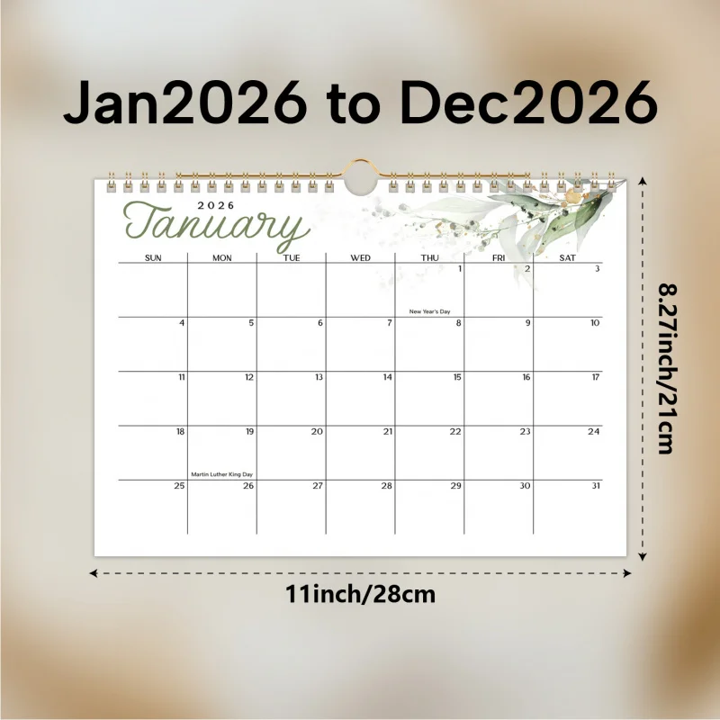 1Ben2026Fresh Green Plant Letter Wall Calendar，Elegant Leaf Design Modern Minimalist Planner，Practical Office Study Decoration