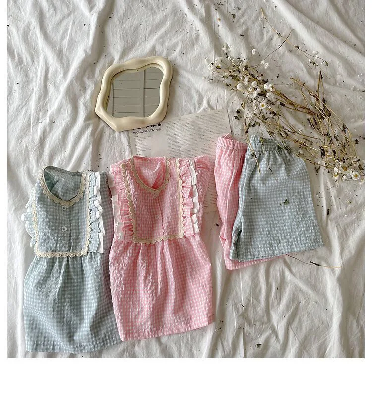 Children Pajamas Set Summer Korean Girls Cotton Plaid Short Sleeve Two Piece Suit Girls\' Homewear Clothes