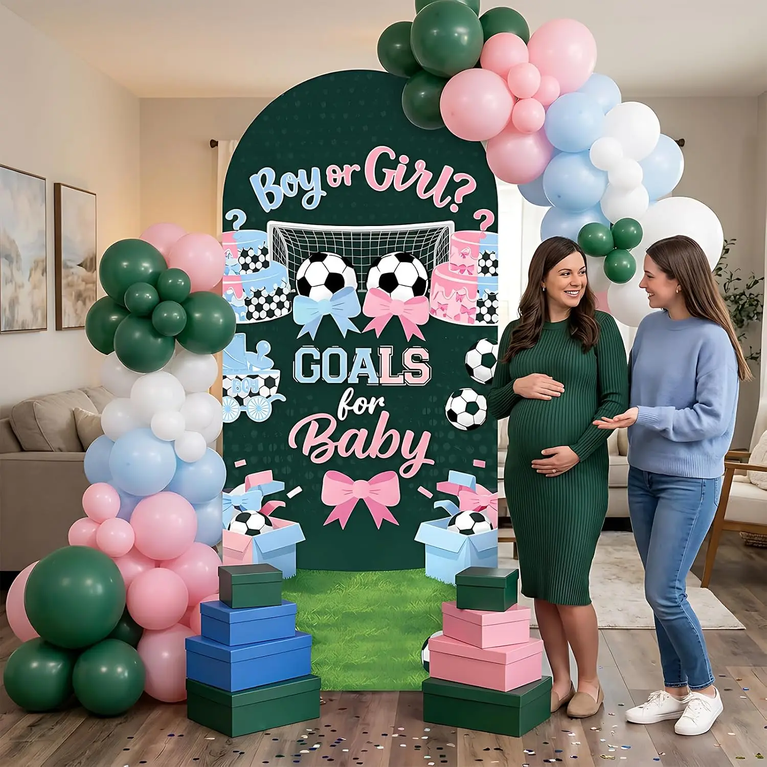 Custom 2-sided Soccer Gender Reveal Party Arch Backdrop Cover Boy or Girl Goals or Bows Background Football Baby Shower Supplies