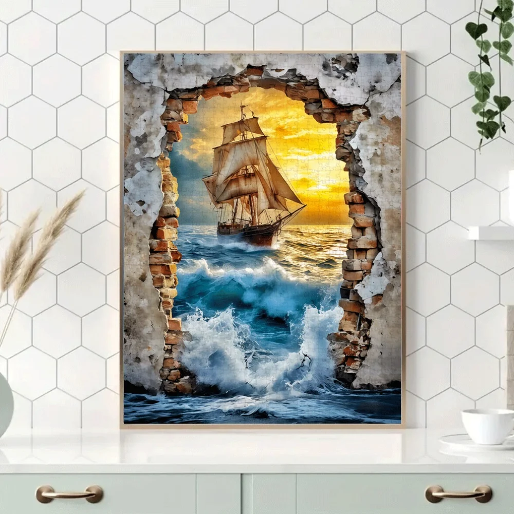 Puzzle dla dorosłych, składające się z 1000 elementów, przedstawiające żaglówkę na burzliwych morzach, uzupełnione zniszczonymi murami z cegły. I