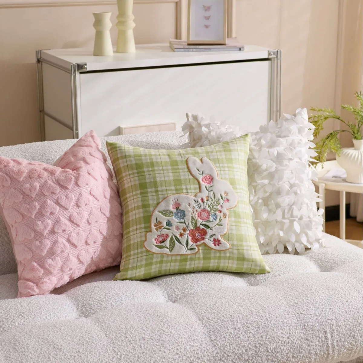 Decorative Embroidered Pillow Cover Cozy Floral Rabbit White Pink Green Adorable 18x18inch Cushion Cover Living Room Bedroom