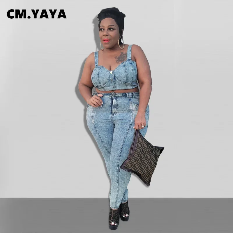 CM.YAYA Women Plus Size Set Denim Solid Sleeveless Single Breasted Crop Tops Zip Pants Two 2 Piece Sets Fashion Outfit Summer