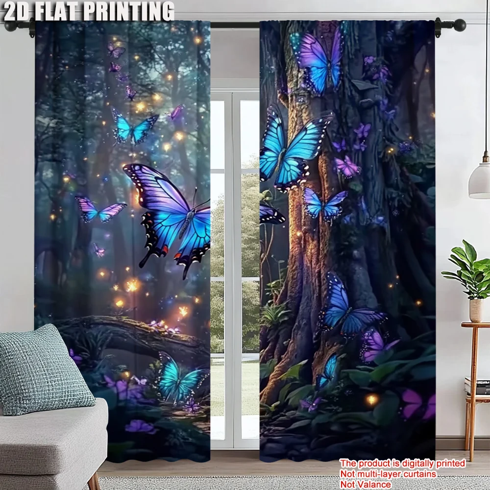 

2Pcs Butterfly Forest Prints Window Curtain Rod Pocket Window Treatments For Bedroom Living Room Dormitory Office Home
