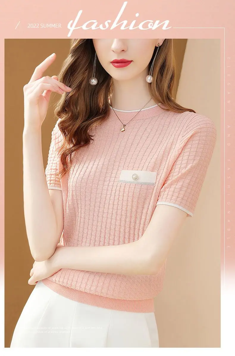 الحرير الجليد قصيرة الأكمام تي شيرت محبوك سترة المرأة الصيف جديد جولة الرقبة قاعدة سترة