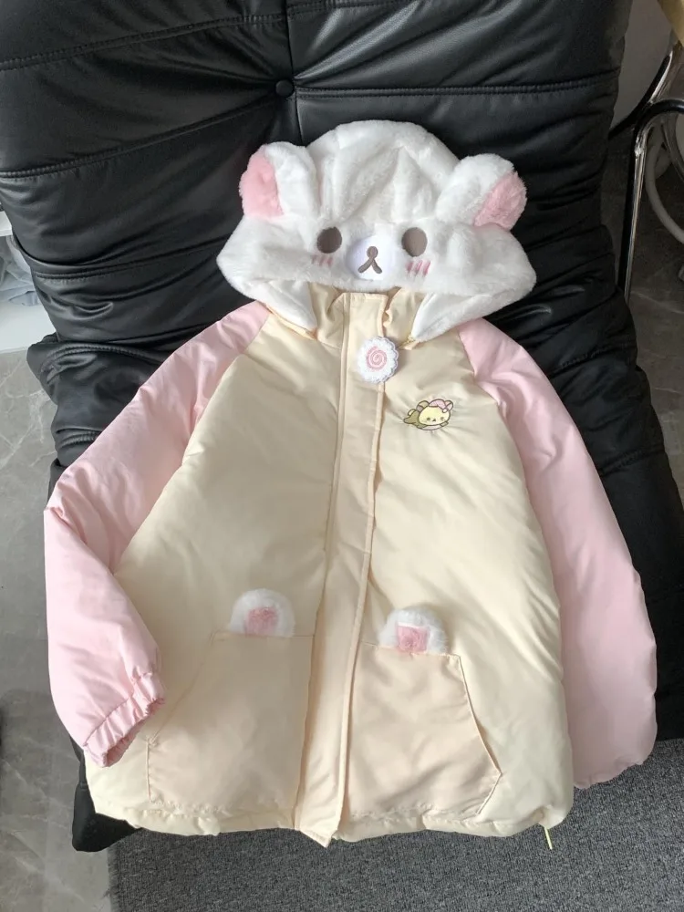 Japanese Kawaii Long Sleeve Parkas Harajuku Cartoon Bear Women Zipper Sweatshirt Sweet Casual Patchwork 2025 Autumn