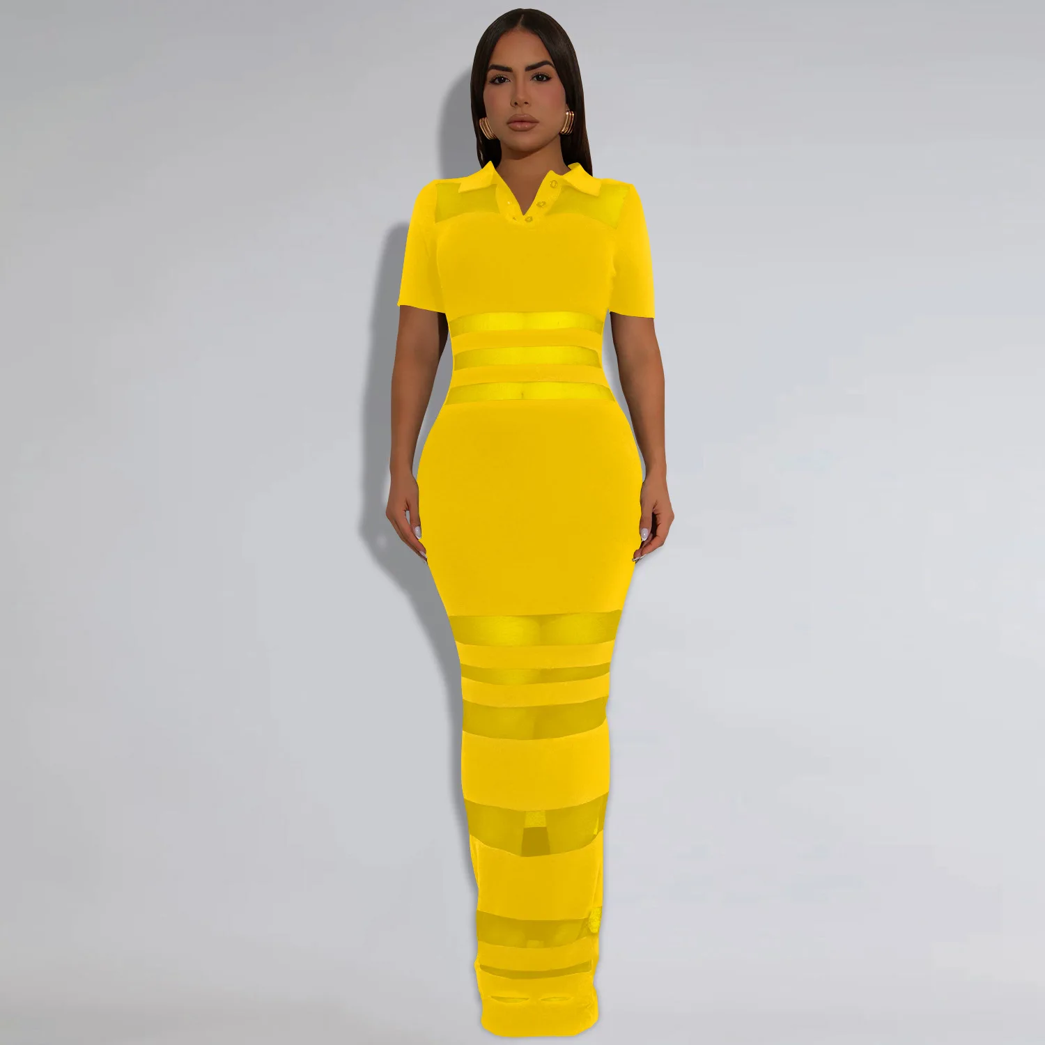 Women Dress Summer Sexy See-Through Mesh Patchwork Short Sleeve Hip Hugging Bodycon Dress Fashion Party Gown Evening Dress