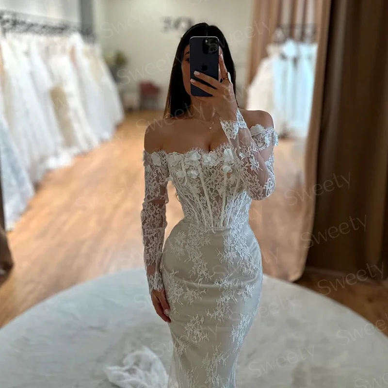 

Charming Mermaid Wedding Dress Organza With Embroidery 3d Lace Ballgown Slim-Line Boatneck Boat Neck Customized Vestido De Novia