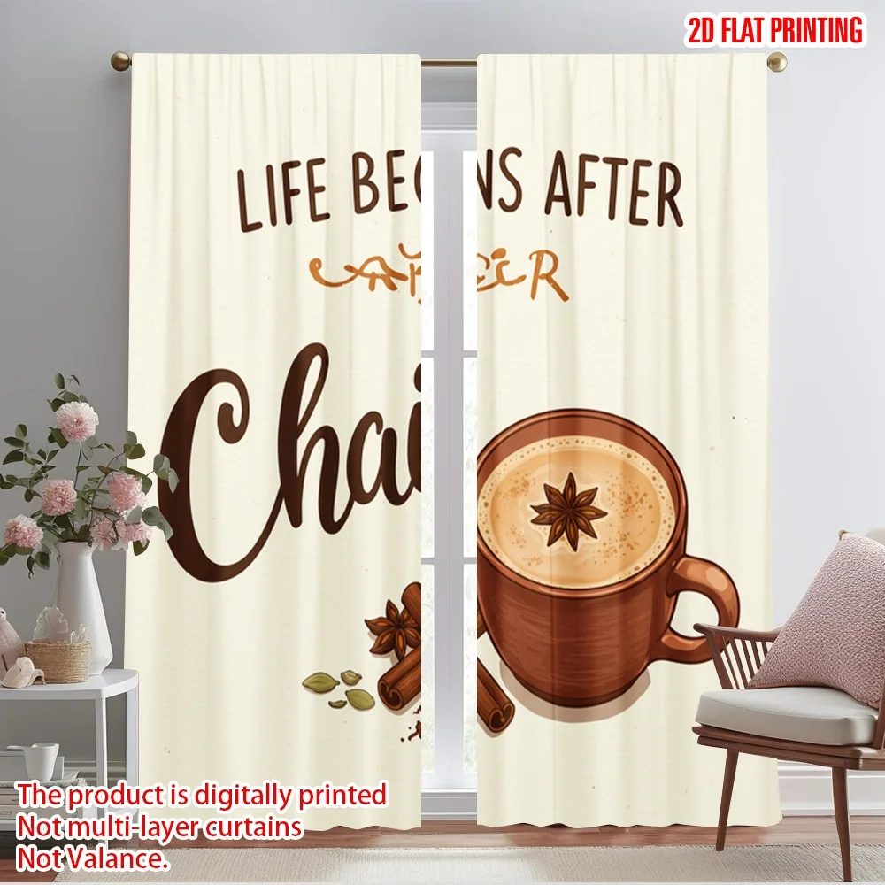 

2pcs 2D flat printing Scene Curtains Life Begins After Chai_a Polyester Without Electricity Festive Holiday for Holiday Decor