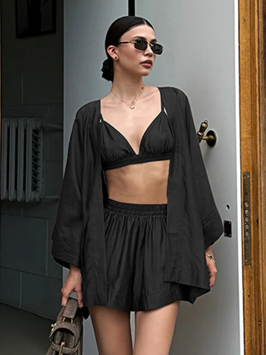 Marthaqiqi Loose Ladies Sleepwear Suit Sexy V-Neck Pajama Tank Tops Nightwear Long Sleeve Robe Shorts Casual Nightie 3 Piece Set