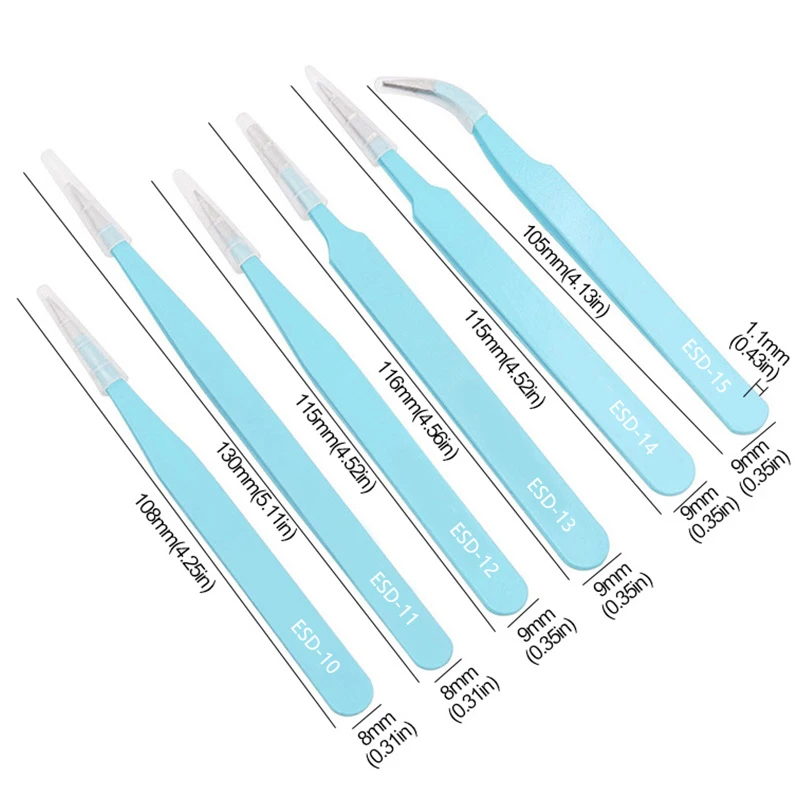 6PCs ESD Anti-Static Stainless Steel Tweezers Precision Maintenance Industrial Repair Curved Tool Home Working Model Making Hand