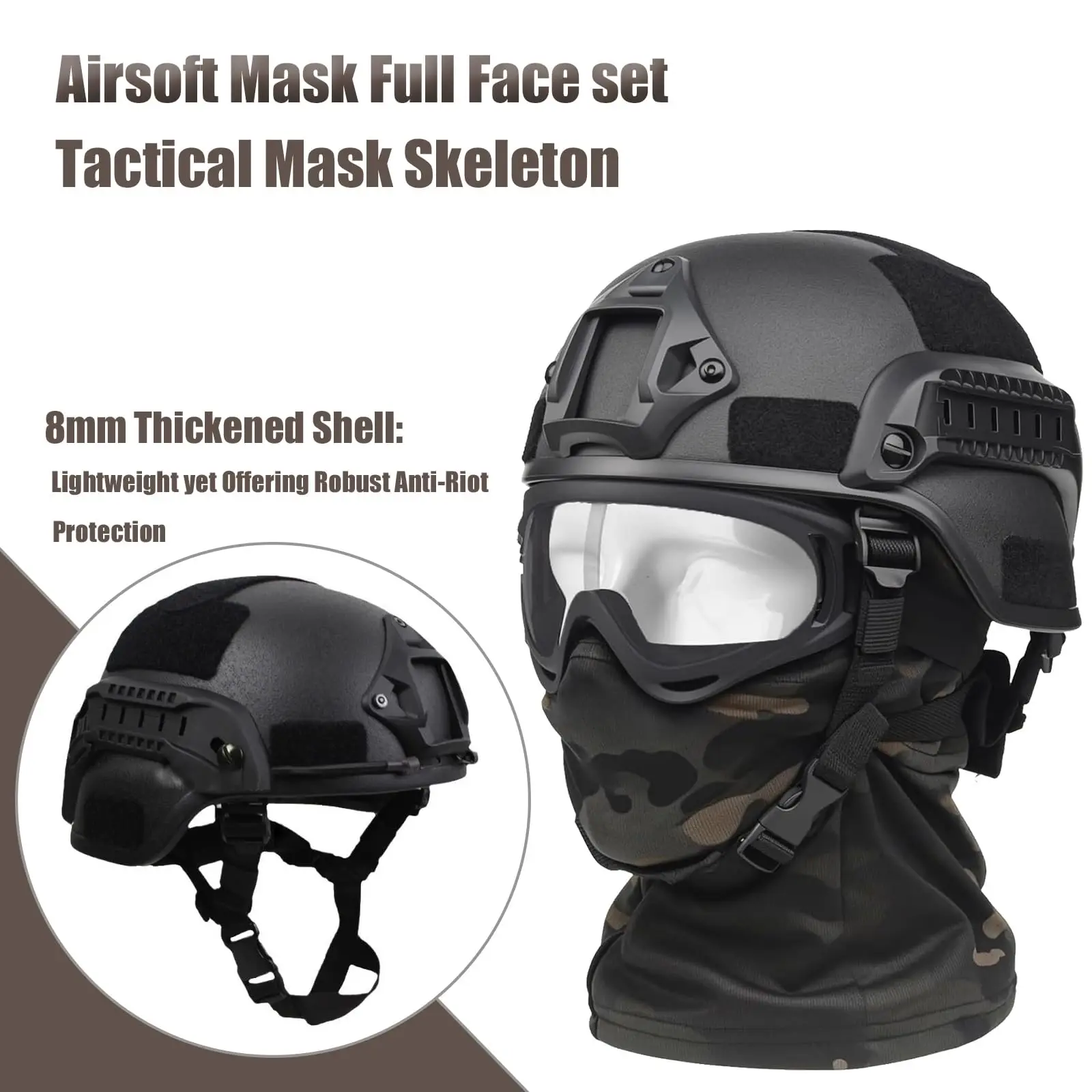 Tactical MICH 2000 Helmet Set with Anti-Fog Goggles & Camo Balaclava Mask, Military Airsoft Paintball Gear Protective Equipment