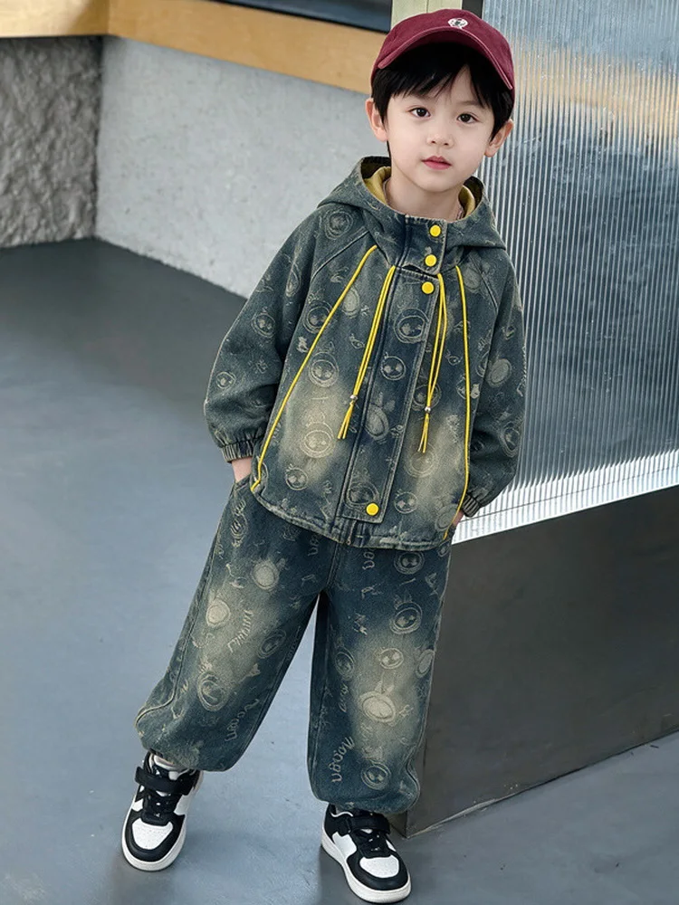 Spring Autumn Children Clothes Suit Boys Denim Hooded Jacket+Jeans 2Pcs/Set Casual Teen Outfit 2-11Year Boy Outdoor Clothing