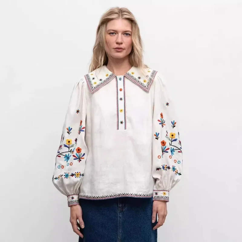 Chemise en lin brodée florale rétro pour femme, revers, manches bouffantes, manches longues, début de l'automne, nouveau, 2024