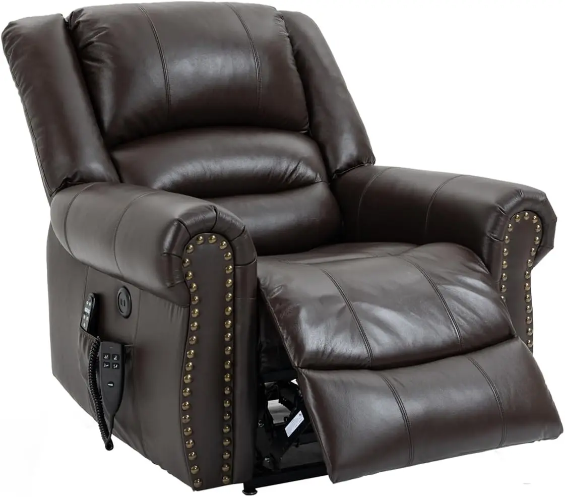 

Genuine Leather Power Lift Recliner Elderly Chair,Lay Flat Lift Chairs,Remote Control with Point-Like Distribution Massage,Brown