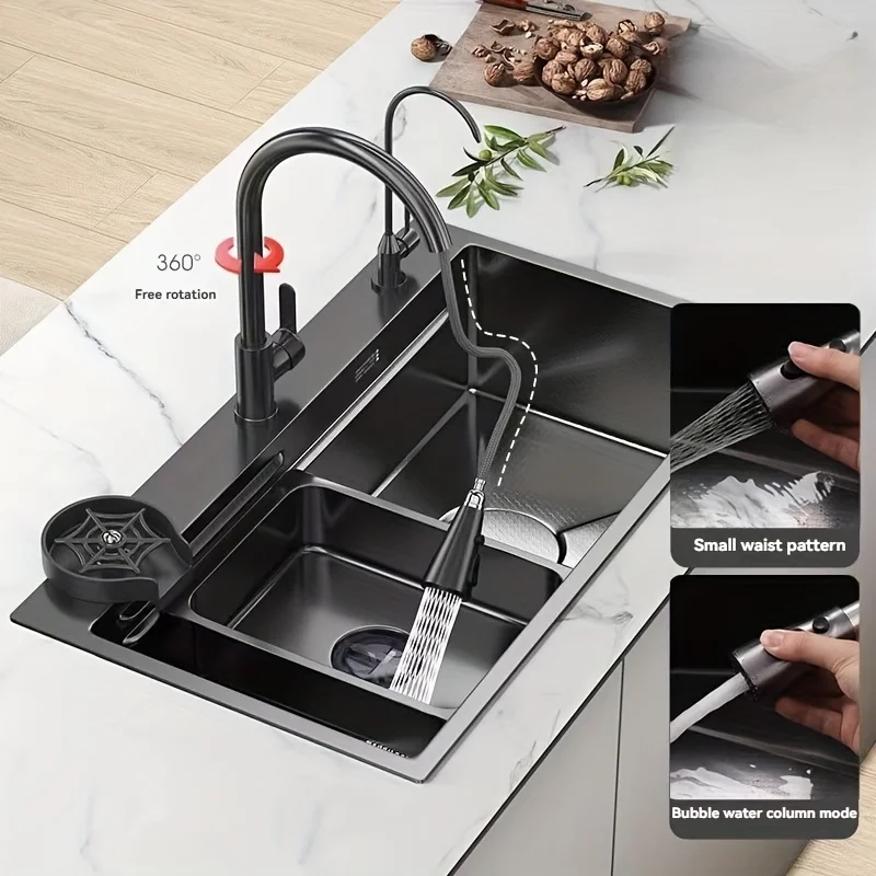 Integrated Single Sink Kitchen Sink, Stainless Steel Classic Style, Nano Black Surface Treatment, Rust and Corrosion Resistance