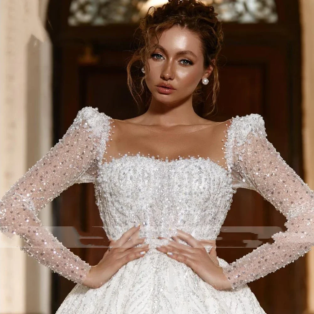 Vestido De fiesta De princesa personalizado, vestidos De Novia con brillo real, cuello barco, manga larga, bordado De encaje, Vestido De Novia