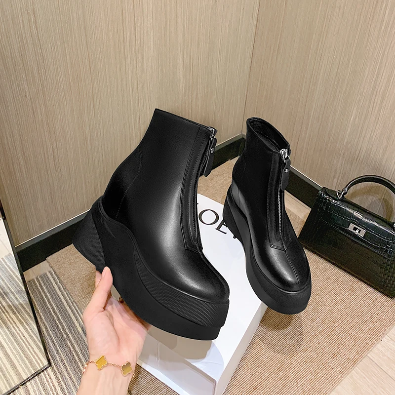 women\'s genuine leather wedge platform ultra high heel front zuo autumn ankle boots elevator shoes for women high quality boots