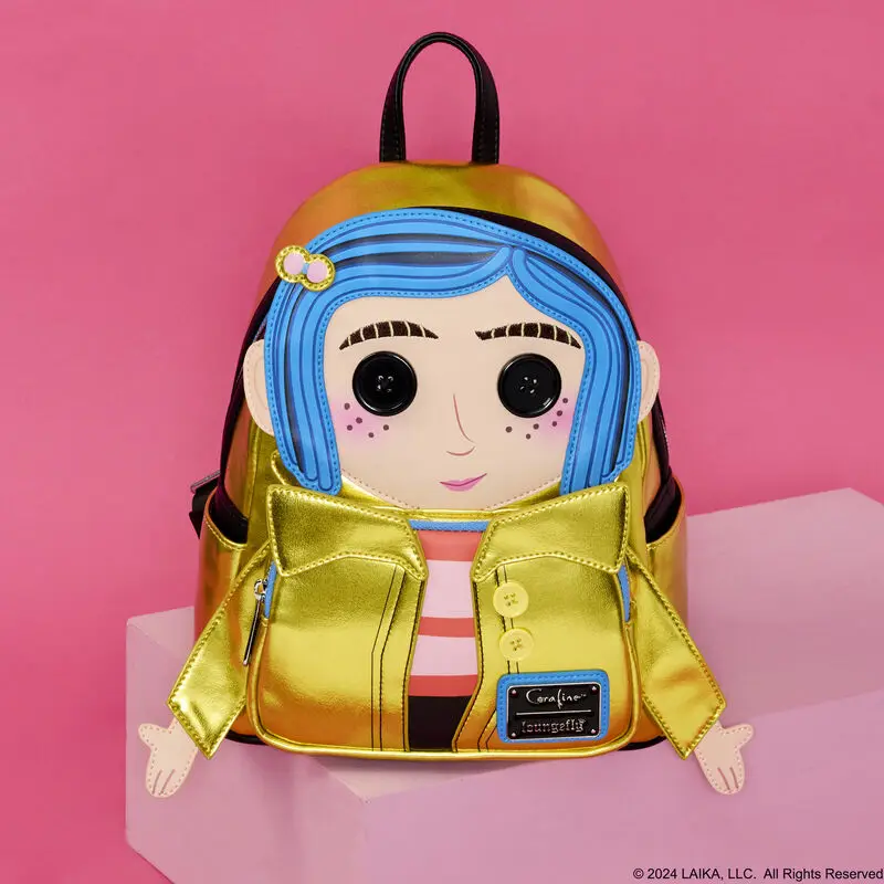 Fantasma mãe caroline amarelo capa de chuva botão olho mochila grande capacidade leve confortável estudante mochila presentes do dia das bruxas