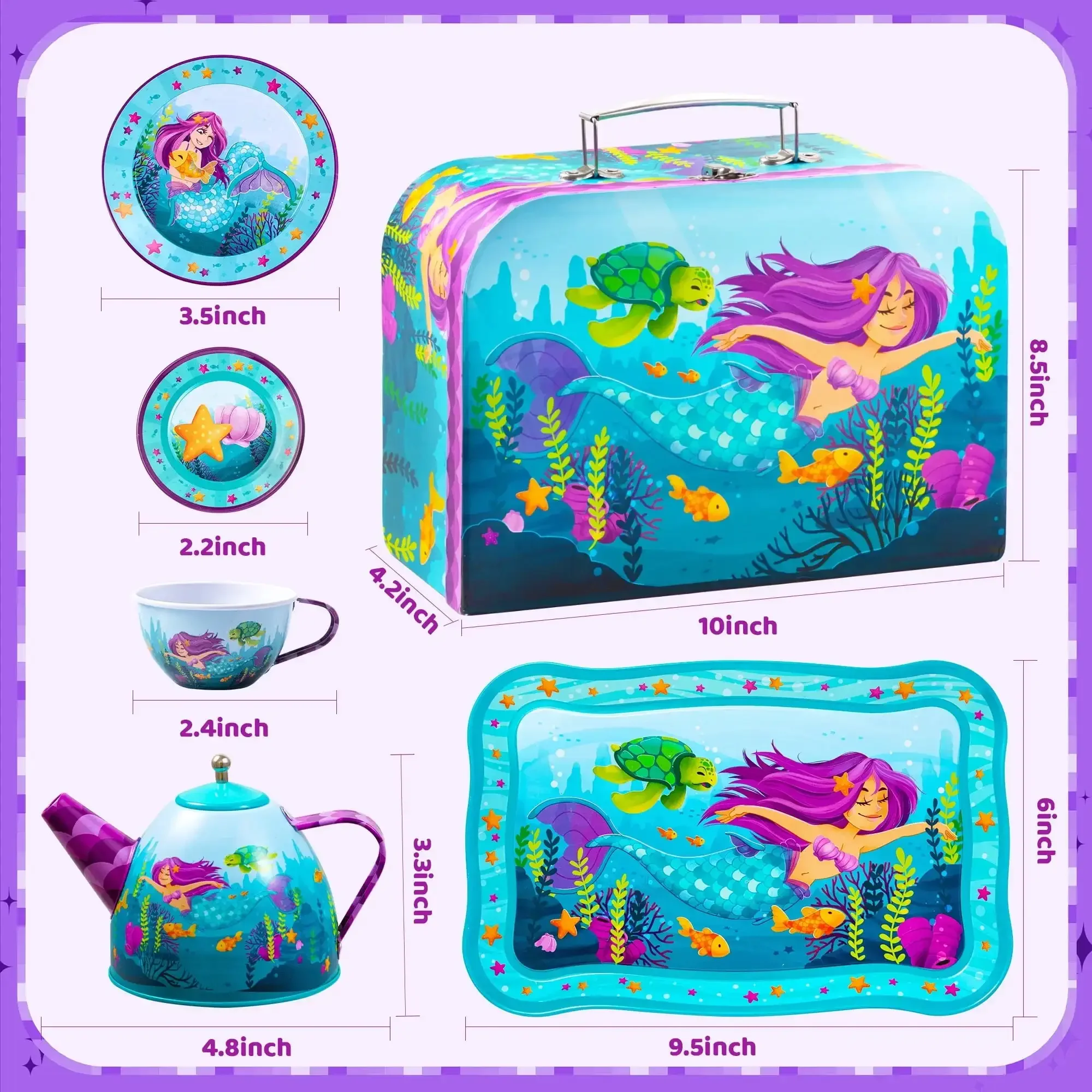 Joyfy Kinder-Teeset, Meerjungfrau-Teeparty-Set, Prinzessin, Rollenspiel, Blech-Teekannen-Set, Küchenspielzeug für Mädchen, Kleinkinder, 2, 3, 4, 5 und 6 Jahre alt