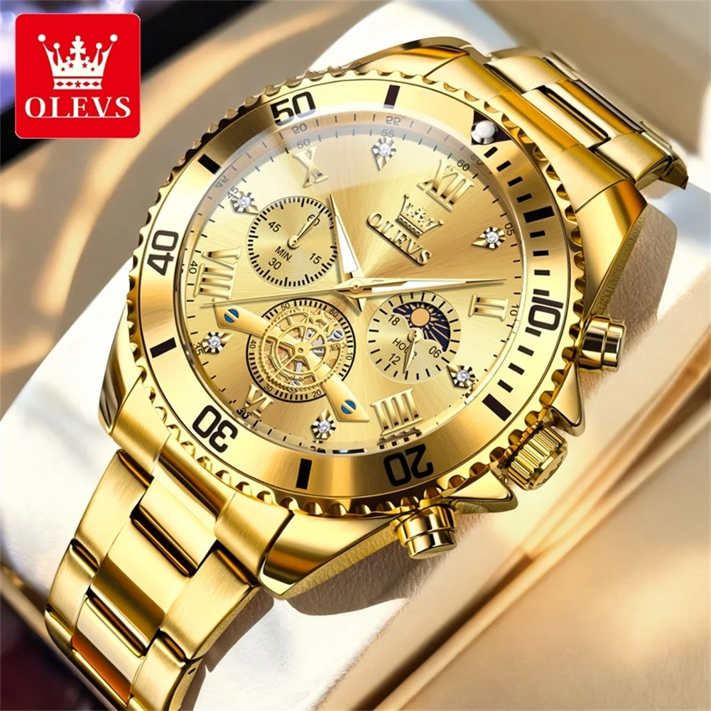 OLEVS 3732 Classic Genuine Quartz Movement Men Watch 24-hour Sun Moon Phase Dial 30m Waterproof Stylish Rotating Bezel Watch
