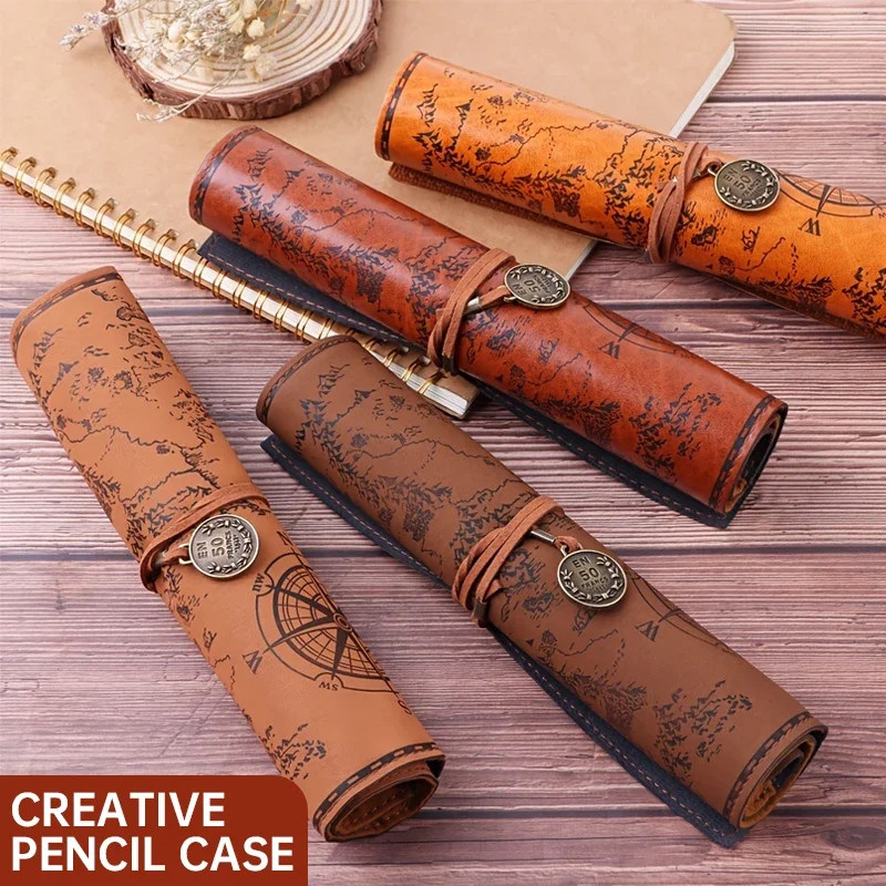 PU Leather Pencil Case Treasure Map Retro Roll Pencil Bag for Boy Students Kids Back to School Anime Stationery Supplies Gift