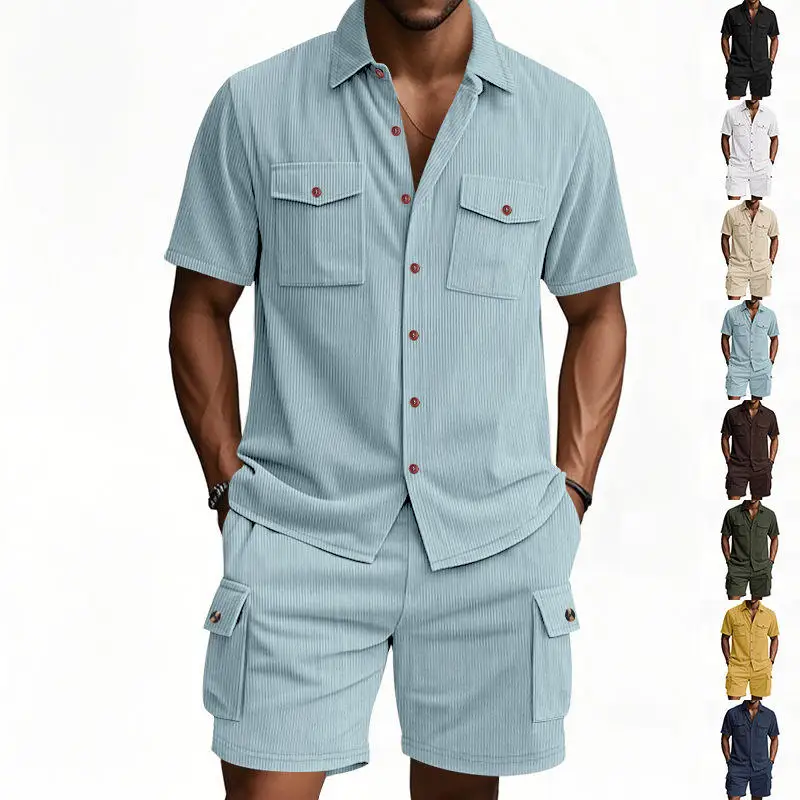 

Summer Corduroy Workwear Shirt Set Short Sleeve Shorts Men's Outdoor Hunting Two-Piece Set Casual Comfortable Breathable Clot...