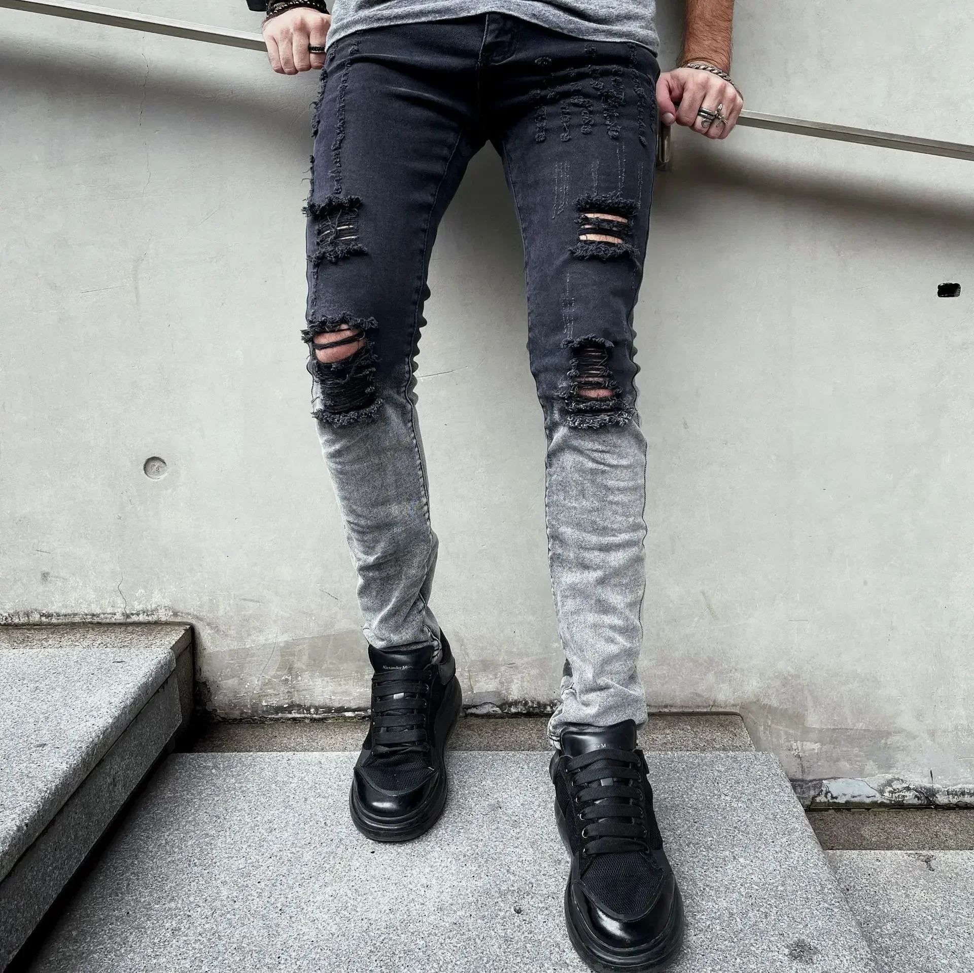 2024 New Style Men's Casual Ripped Whitewashed Stretch Jeans, Korean Style Fashionable Black Slim-Fit Men's Ankle-Length Pants