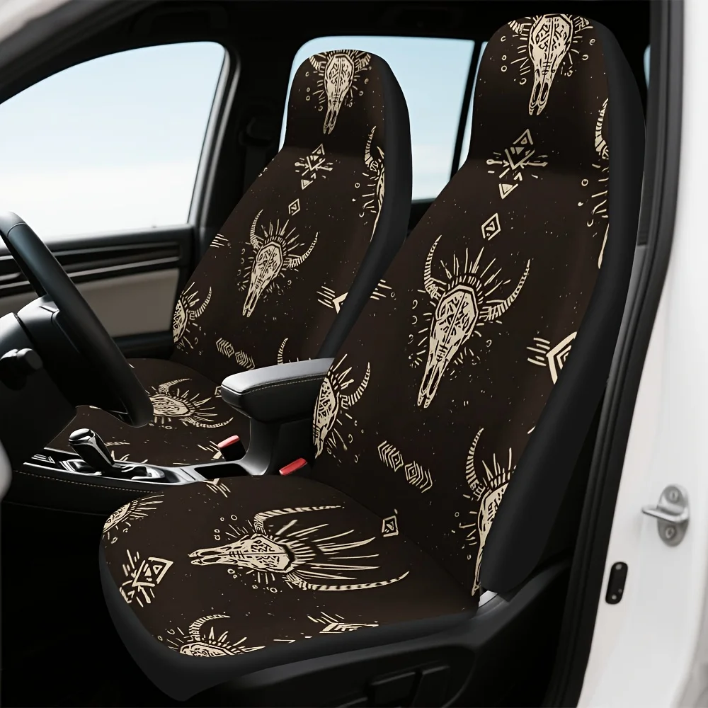 2pcs Modern Ethnic Sun Bull Arrow Print Front Seat Covers - & Golden Tribal Design, Durable Polyester, Machine Washable, Univers