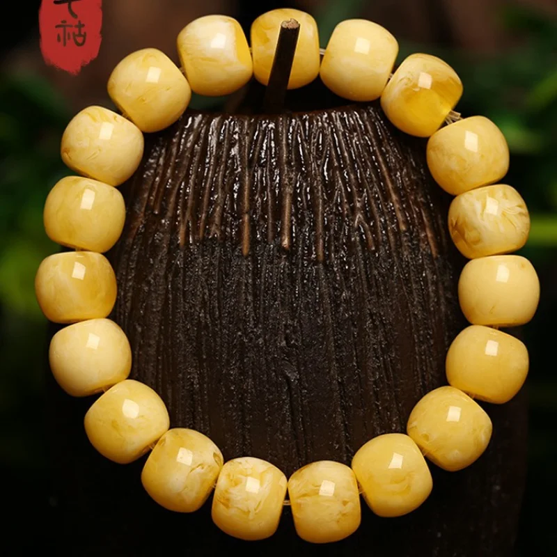 Russian White Flower Beeswax Old Beads Bracelet Women's Barrel Beads Natural Amber Original Stone Jujube Beads Single Ring Brace