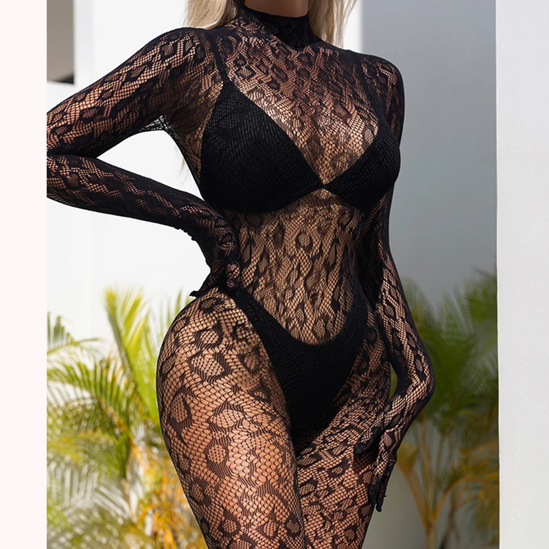 Sexual Lingerie Transparent Leopard Pattern Mesh Bodysuit Socks Long Sleeves Sex Pajamas Sexy Women Underwear Erotic Costumes image 5