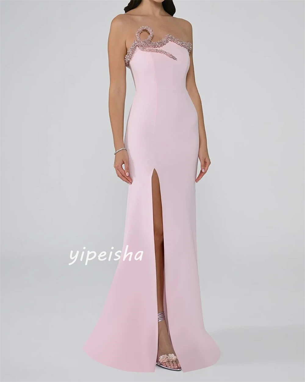 Simple Fashion Jersey Sequined Pleat A-line Strapless Long Dresses Quinceanera Dresses Sizes Available Chinese Style Pastrol