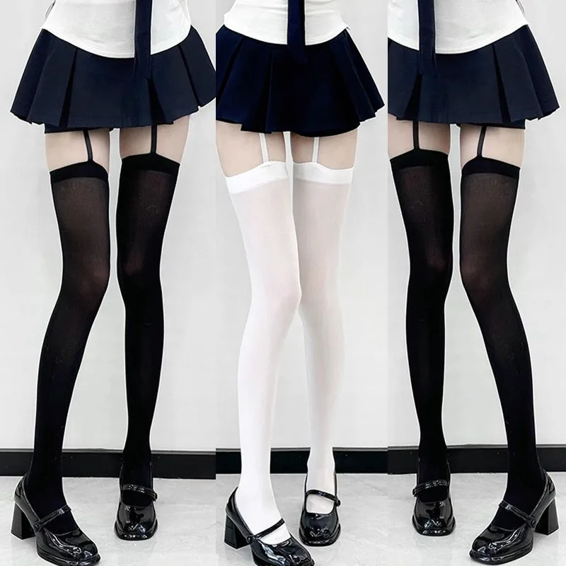 

Y2K Suspender Knee High Solid Color Long Sock Japanese Fashion Lolita JK Summer Thin Socks for Woman Wide-banded Sexy Stockings