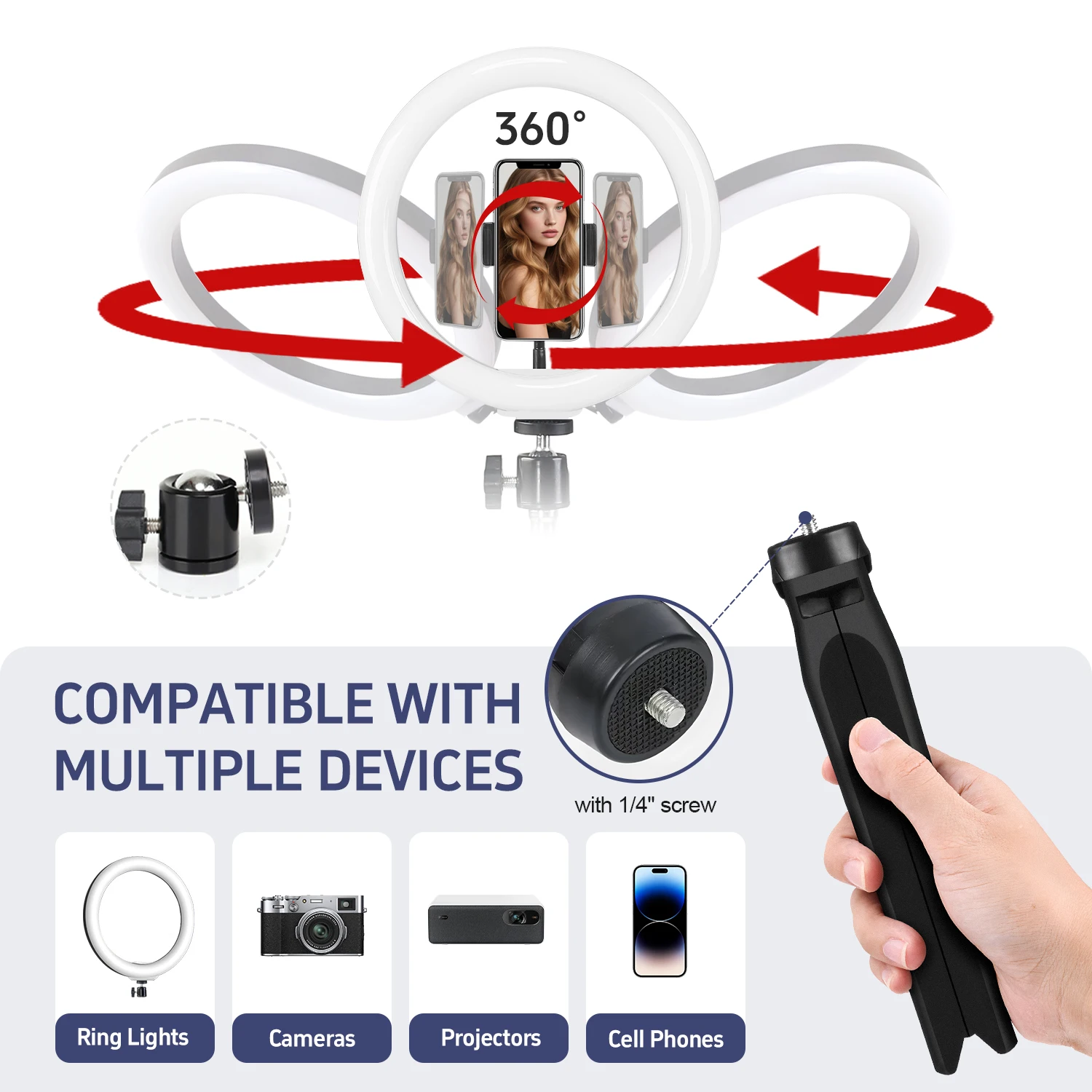 12" Selfie Ring Light with 7.5" Desktop Tripod Stand & 1 Phone Holder, LED Ringlight with 3 Dimmable Modes for Makeup view 6
