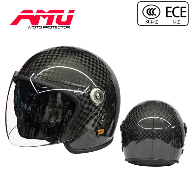 

AMU Motorcycle Retro Helmet Carbon fiber Open Face Helmet Scooter Helmets 3/4 Chopper Casco Moto Vespa Vintage Motorbike Helmets