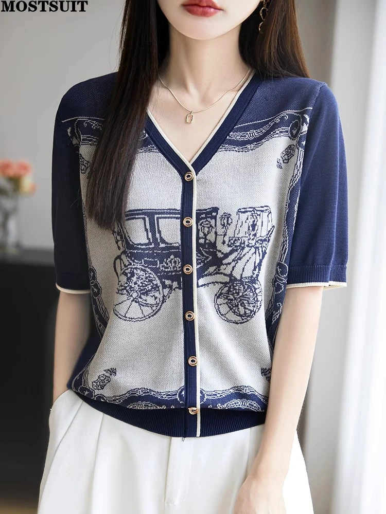 

Vintage Jacquard Knit Sweater Tops Women 2025 Summer Short Sleeve V-neck Knitwear Pullovers Elegant Fashion Loose Ladies Jumpers