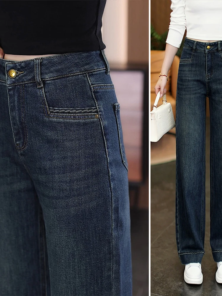 High Waist Loose Fit Straight Leg Jeans Women's Autumn Winter New Style Casual Slimming Long Pants Vintage Washed Cotton Stretch