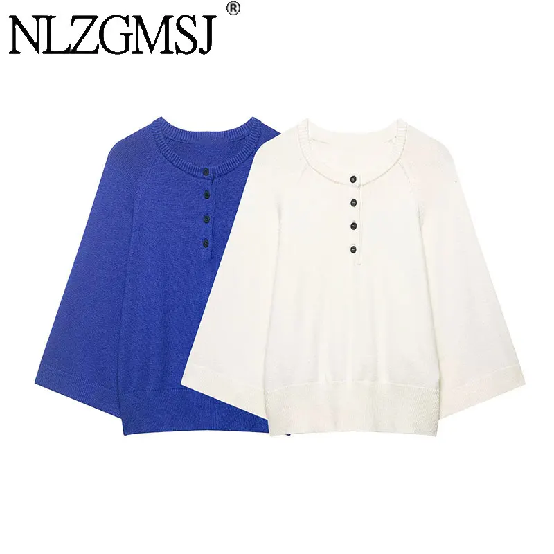 Nlzgmsj 2026 Frühling Trendiger Einfacher Pullover mit Knopfdekoration für Damen Lässiger Weitarm-Pullover Damen-Strickoberteil