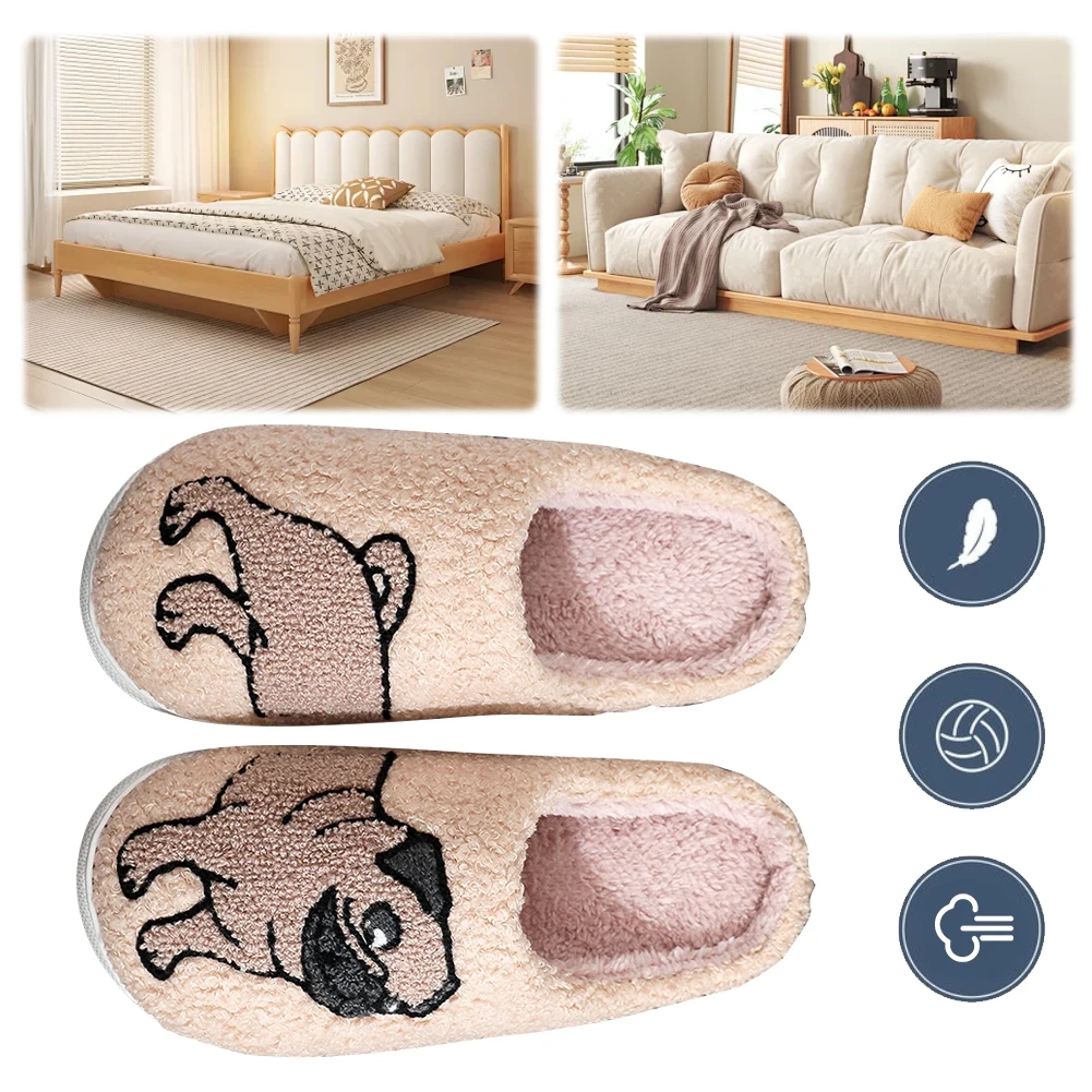 Plush Pug Slippers Anti Slip Flat Thermal Slippers Cartoon Fluffy Couple Slippers Fuzzy Animal Slippers for Indoor Bedroom