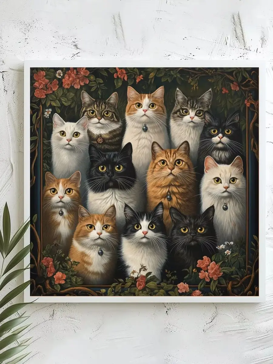 1 Stück 40x40 cm/15,74 Zoll, 11Ct/14Ct Kreuzstich-Set, DIY Valentinstagsgeschenk, Stickerei-Set für Festlichkeiten, Katzenporträts mit Blumenrahmen – Detail 1